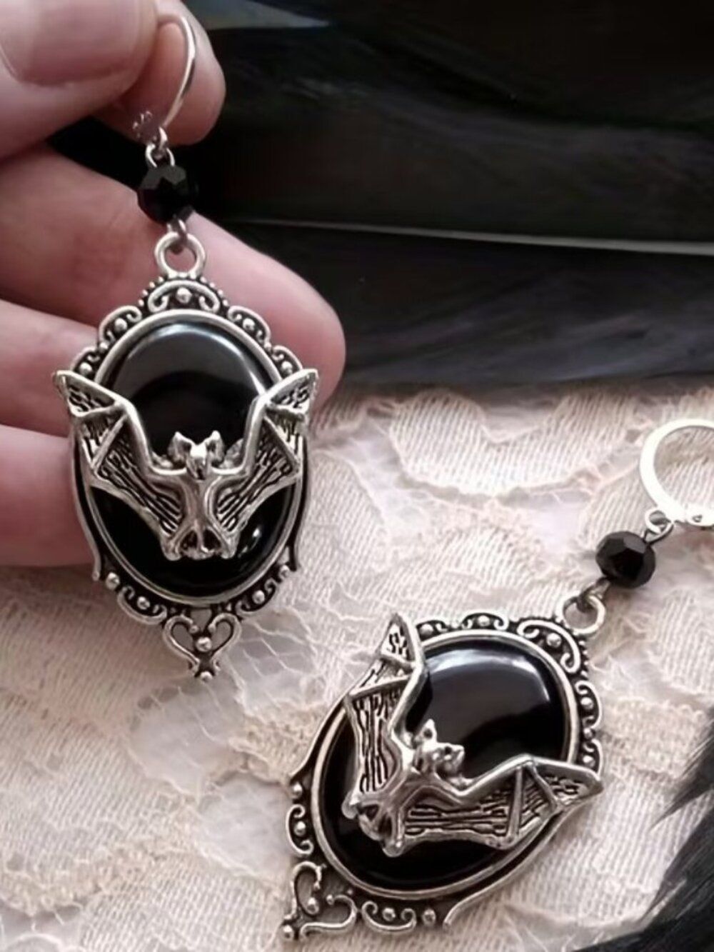 Pair of Black and Silver Cameo Halloween Gothic Bat Earrings